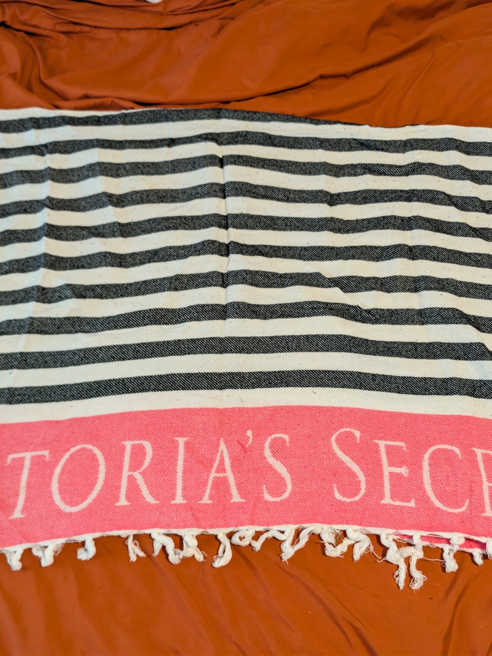 Victoria's Secret Black & White Striped Beach Throw with Pink Logo Border
